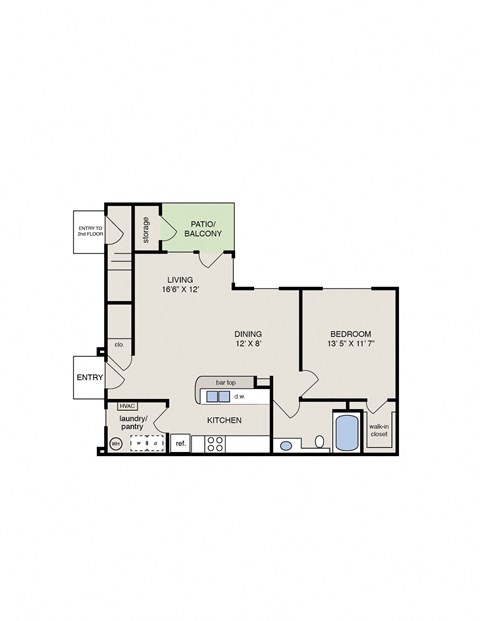 Floor plan for 1 bed, 1 bath, 921 sqft
